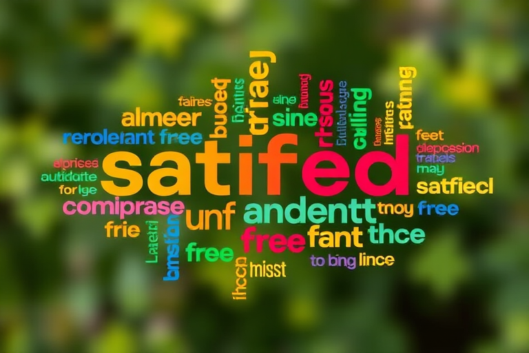 Generate an image of a colorful word cloud featuring emotions and traits like satisfied, impulsive, confident, and free, with a soft-focus background, using a DSLR camera at f/2.8 aperture, 50mm lens, ISO 100, and natural light to enhance clarity and vibrancy.