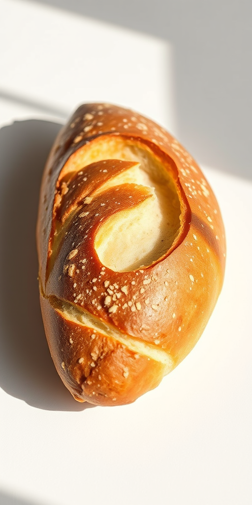 Create a high-resolution image of a rustic baguette on a plain background, shot with a Canon EOS R5, 50mm lens, aperture f/2.8, shutter speed 1/100s, ISO 100, using natural light for soft shadows and vibrant color.