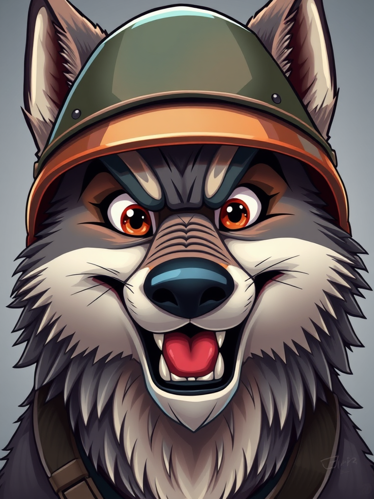 Create an illustration of a cartoonish wolf wearing a military helmet with a mischievous smile, detailed fur texture, vibrant colors, with a focus on expressions, captured using a DSLR camera at f/8 aperture, 50mm lens, in a close-up portrait style, high dynamic range for enhanced contrast and sharpness.