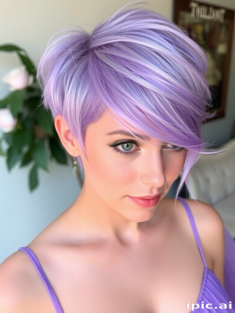 Whimsical lavender pixie cut dubbed "Fairy Whisper" showcases delicate feathered layers and wispy bangs, accented with iridescent highlights for an enchanting effect