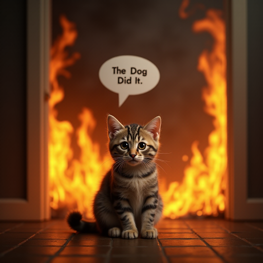 Photorealistic image of an innocent-looking cat sitting calmly in the middle of a burning room. Flames engulf the room, with fire licking up the walls and smoke filling the air. The cat is sitting on the floor, looking directly at the viewer with wide, innocent eyes. Above the cat, a speech bubble says "The Dog Did It". The contrast between the cat's calm demeanor and the chaos around it creates a humorous and surreal scene.