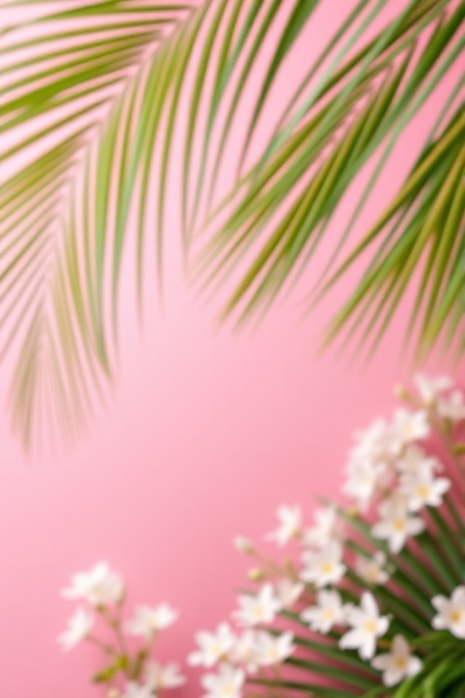 Create a vibrant floral background featuring a soft gradient from pink to light pink, with an abundance of delicate flowers and green palm leaves softly blurred in the background, using a Canon EOS 5D Mark IV with a 50mm f/1.8 lens at f/2.8, ISO 100, and a slight vignette for depth.