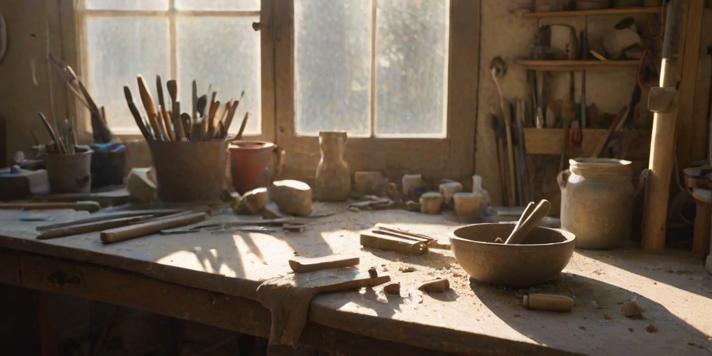Close-up of an artisan's workshop, with tools scattered across a workbench, soft light streaming in through a dusty window, illuminating a half-finished sculpture.