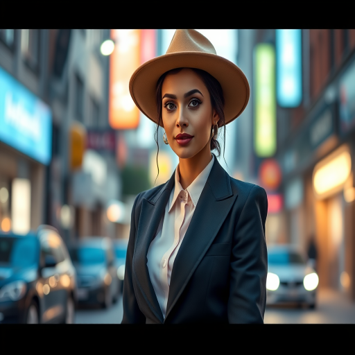 Generate a high-resolution image of a confident woman in a stylish suit and wide-brimmed hat, standing in a bustling city street, captured with a Canon EOS R5 at f/2.8, ISO 100, 50mm lens, with soft twilight lighting and a slight bokeh effect in the background.