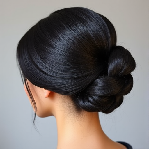 Sophisticated hair style featuring a smooth french twist updo with a deep side part in a glossy jet black shade