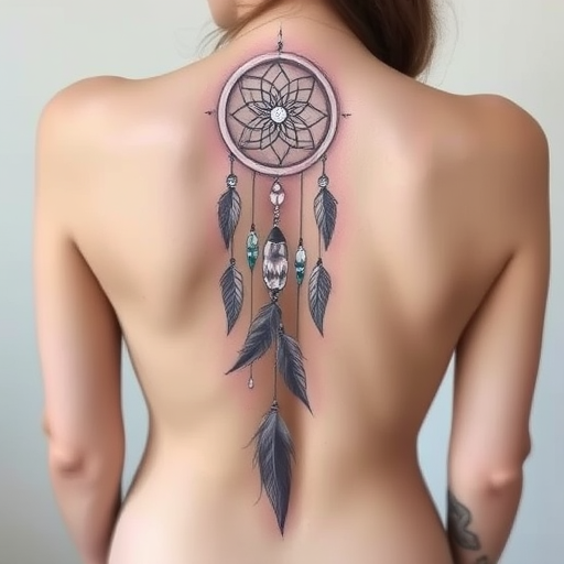 Ethereal body tattoo depicting a dreamcatcher with flowing feathers and crystals cascading down the spine, rendered in delicate white ink for a subtle and feminine appearance