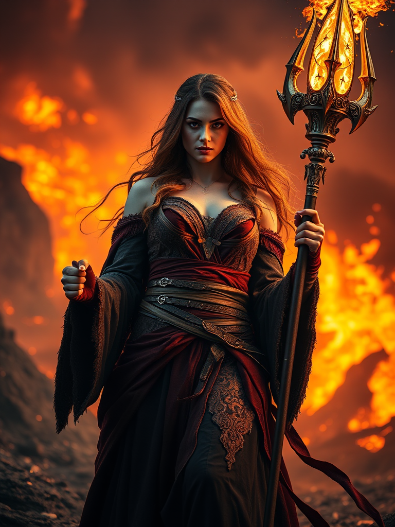 Create a highly detailed fantasy portrait of a powerful sorceress standing in a fiery landscape, holding a glowing staff, warm color palette, low angle view, 85mm lens, f/1.8 aperture, soft focus background, high dynamic range imaging.