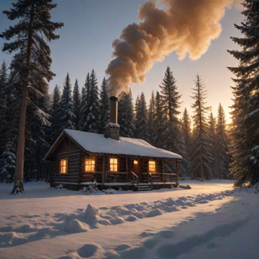 Warmly lit image of a rustic cabin nestled in a snow-covered forest, soft light glowing from the windows, with smoke curling from the chimney into the cold evening sky.
