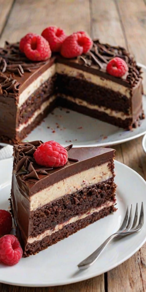 Create an image of a slice of layered cake on a white plate. The cake should have distinct layers: a rich chocolate base, a creamy white layer, and a raspberry layer on top. Decorate the top with fresh raspberries and chocolate shavings. Place a few raspberries and chocolate curls around the plate for presentation. The background should be a rustic wooden table.