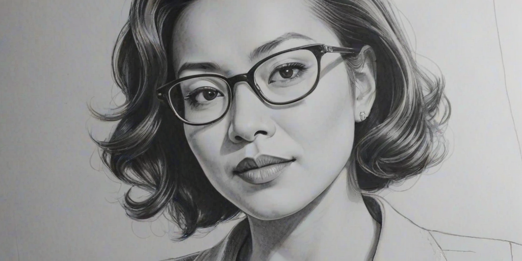 Delightful Ming-Na Wen, pencil sketch, portrait of Wonderful woman 1938s in glasses, hair style beatnik, outline, clear lines, fine lines, 8k