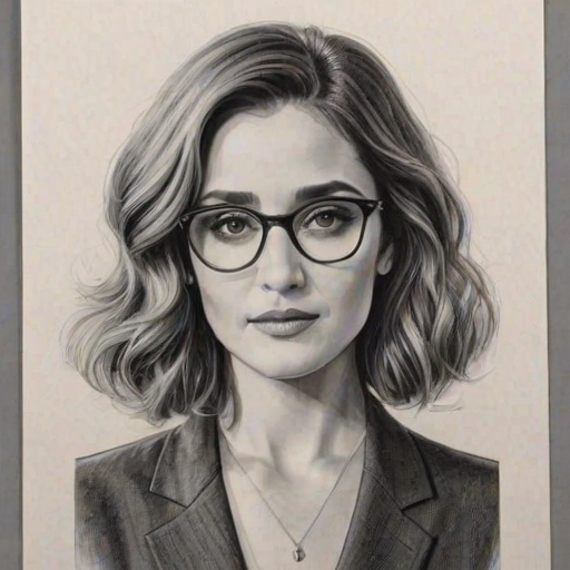 Bewitching Rose Byrne, pencil sketch, portrait of Stunning woman 1947s in glasses, hair style beatnik, outline, clear lines, fine lines, 8k