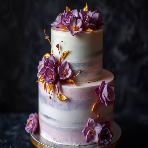 Regenerate the image of an elegant two-tier cake adorned with intricate edible floral decorations in shades of purple and gold, with soft, diffused lighting, using a macro lens at f/2.8, 1/125s, ISO 200, shot from a low angle on a dark textured background with a shallow depth of field to highlight the cake's details.