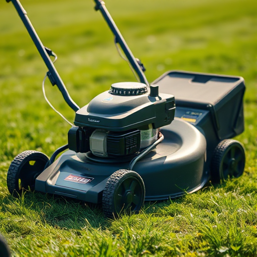 Create a detailed image of a lawnmower on a grassy field, captured with a Canon EOS R5, 50mm lens, f/1.8 aperture, 1/200 sec shutter speed, ISO 100, natural lighting, high dynamic range, focus on the mower with a blurred background.