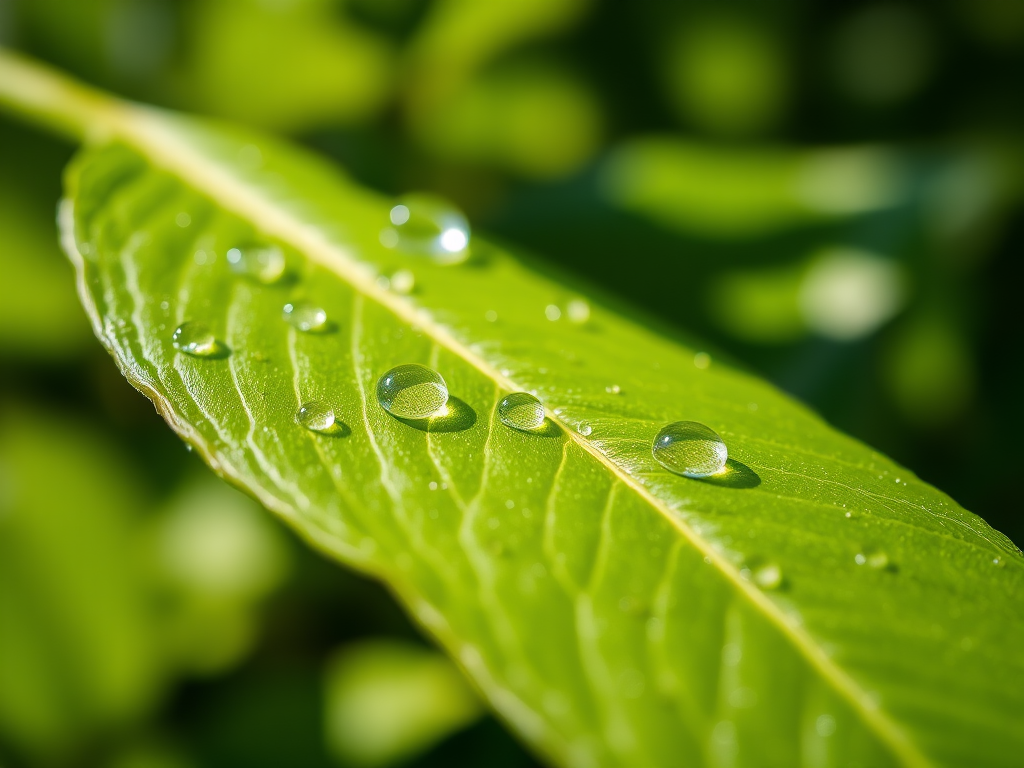close-up of a green leaf with water droplets, shallow depth of field, soft natural lighting, 50mm lens, f/2.8, ISO 100, sunlight filtering through foliage, DSLR camera