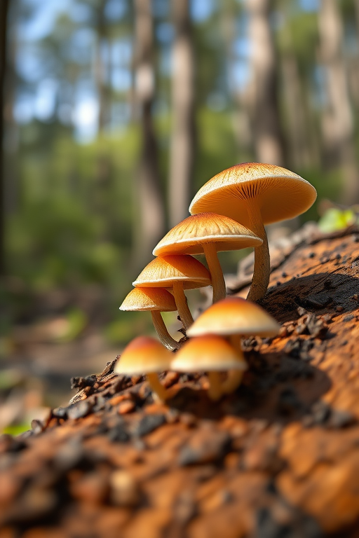 mushrooms growing on a log in a forest, close-up shot, macro photography, f/2.8 aperture, ISO 100, 1/200s shutter speed, natural sunlight, using a DSLR camera with a 100mm macro lens