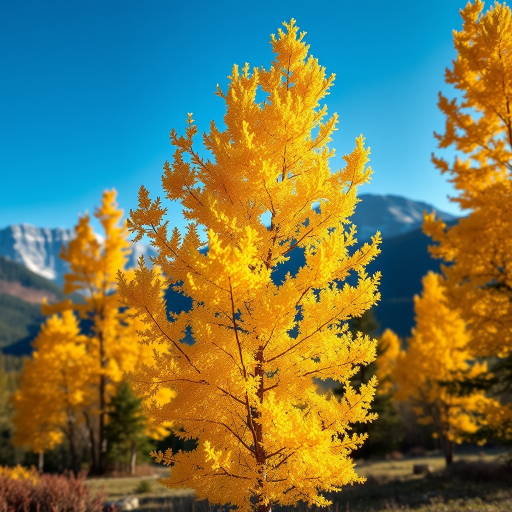capture a vibrant autumn landscape with a focus on a yellow larch tree in the foreground, mountains in the background, bright blue sky, use a Canon EOS R5, 24mm lens, aperture f/8, ISO 100, shutter speed 1/250s, shot from eye level for sharp detail and color richness