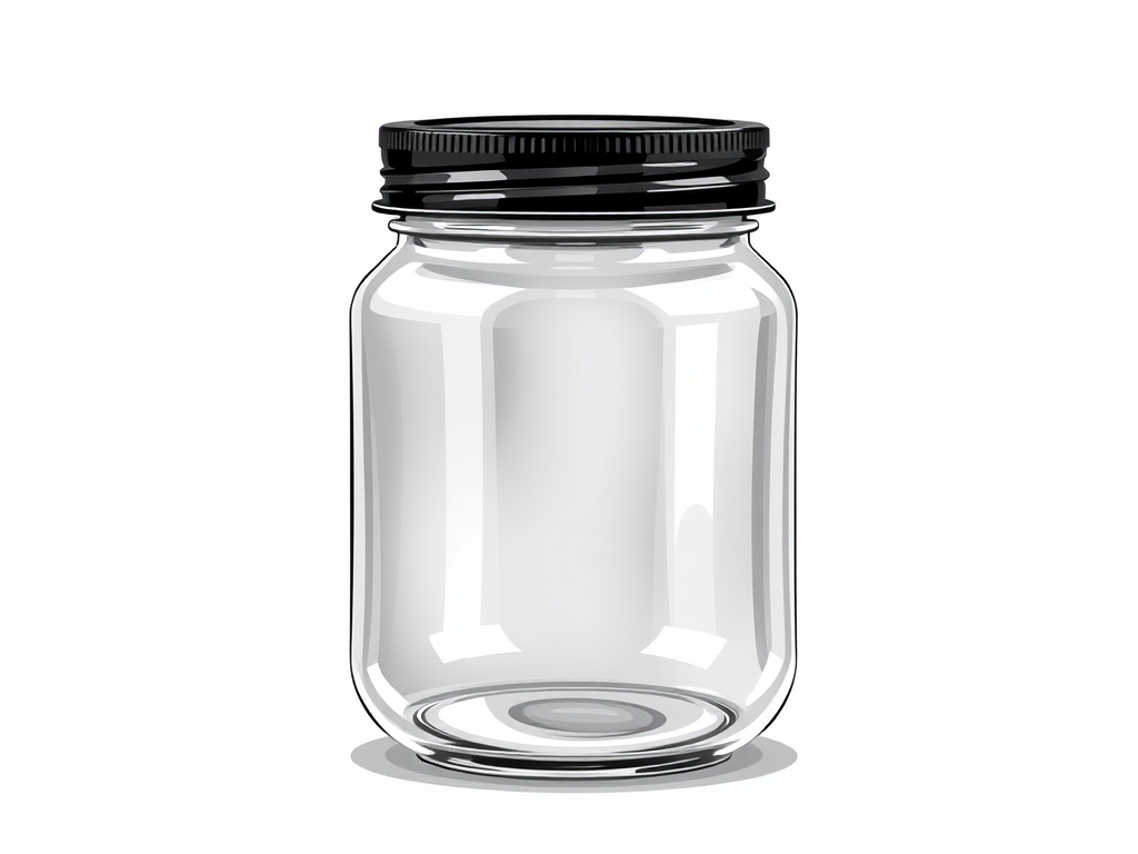 Create a detailed illustration of a glass jar with a transparent body and black lid using a DSLR camera, 50mm lens, f/2.8 aperture, ISO 100, shot from a slightly elevated angle to highlight reflections and shadows for enhanced depth and clarity.
