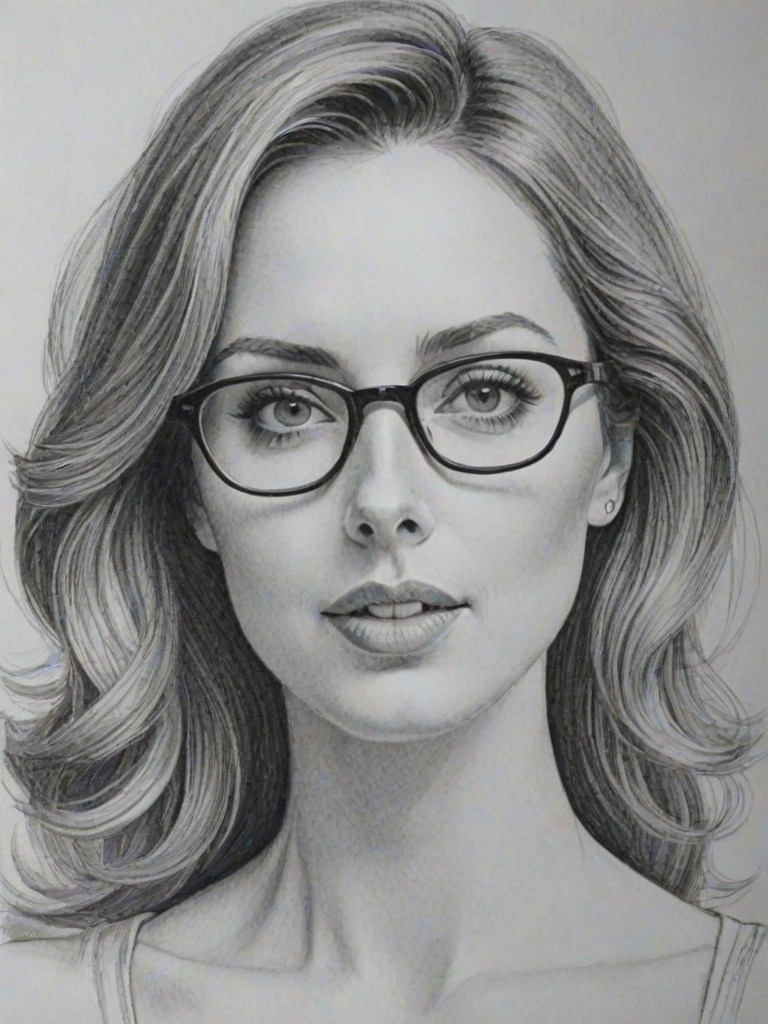 Stunning Eva Amurri, pencil sketch, portrait of Dazzling woman 1966s in glasses, hair style beatnik, outline, clear lines, fine lines, 8k