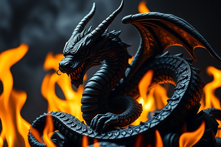Create a highly detailed, close-up image of an intricately designed black dragon and snake sculpture surrounded by flames, using a Canon EOS R5 camera, 85mm lens, f/1.8 aperture, ISO 100, in a studio lighting setup with a shallow depth of field for enhanced image quality.