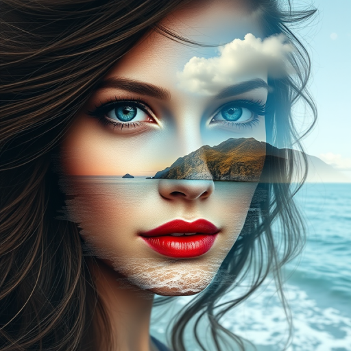 this photo is Book cover, A surreal double exposure portrait that blends a woman's face with a beautiful seascape. The overall mood is dreamy and mystical, with rich colors and intricate details