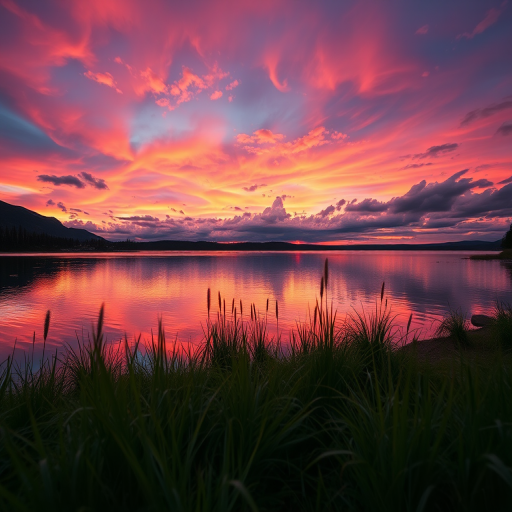 Create a high-resolution image of a sunset over a serene lake with vibrant colors and reflections, using a Canon EOS R5, f/8 aperture, ISO 100, 1/250 second shutter speed, with a wide-angle lens at 24mm, taken from a low angle to emphasize the foreground.