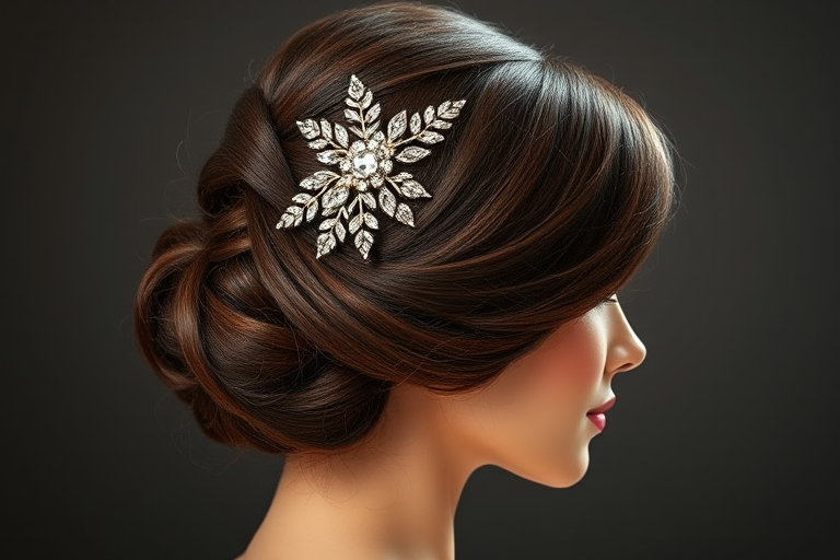 Sophisticated French twist in rich espresso brown, adorned with a jeweled hair comb and sleek side-swept bangs, radiating refined grace and poise