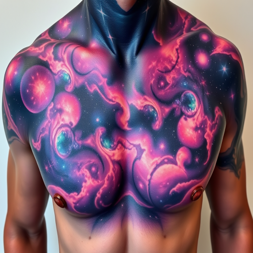 Cosmic nebula tattoo spanning across the chest and shoulders with swirling galaxies and vibrant star clusters in rich purples blues and pinks creating an otherworldly atmosphere