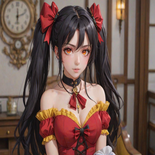 kurdef, long hair, black hair, twintails, hairband, red eyes, yellow eyes, clock eyes, heterochromia, bare shoulders, detached sleeves, choker, red dress, cleavage, bow,