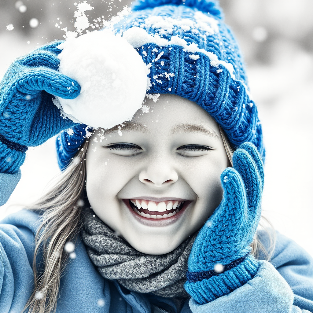 A hyperdetailed photorealistic macro image black and white pencil sketch of a young girl getting hit by a snowball during a snowball fight. She is wearing a brilliant sapphire blue wool beanie and bright blue mittens. She is trying to block the snowball by putting her hands up. The snowball hits her beanie and disintegrates into myriad tiny snowflakes caught with high speed photography. The girl is laughing and having a wonderful time.
