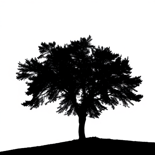 Generate a high-quality image of a minimalist black silhouette of a tree on a white background, using a Canon EOS R5 camera with a 50mm lens, aperture set to f/2.8, ISO 100, and 1/200 second shutter speed, capturing the tree from a low angle to emphasize its height and gracefulness.