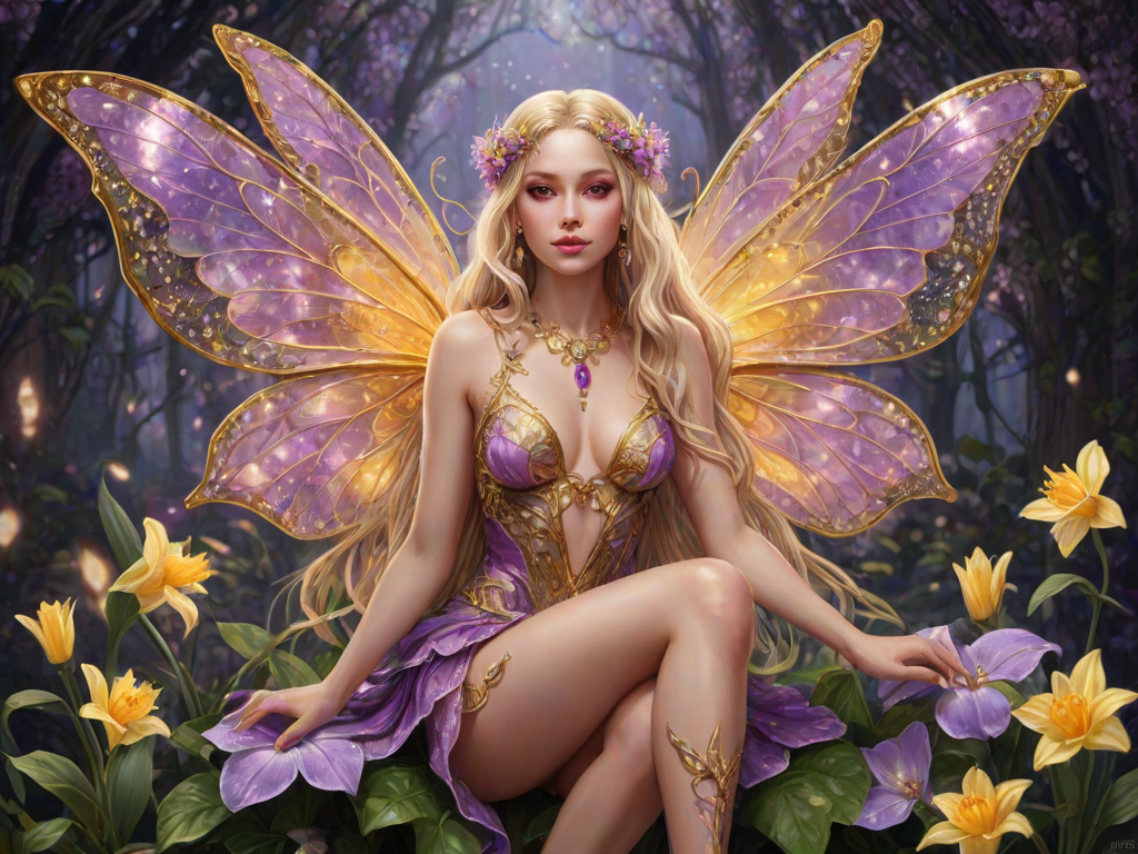 A digital artwork features a winged fairy with delicate Lilac butterfly wings, adorned with intricate Lilac andDaffodil patterns. She is seated on a vibrant Shamrock flower, wearing a revealing red two-piece outfit with sparkling beadwork. Her fair skin, long blonde hair, and gold jewelry add to her ethereal appearance. The background is a warm, golden gradient, creating a magical atmosphere. Small glowing orbs and sparkles surround the flower, enhancing the enchanting, highly detailed, and realistic scene.