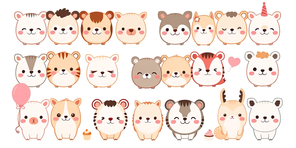 Create a grid of cute cartoon animals with various facial expressions and accessories in pastel colors on a white background include emotions like happiness sadness surprise and sleepiness add small items like balloons clouds and desserts in the design ensure a playful and whimsical style