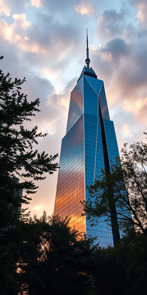 Generate a high-resolution image of a modern skyscraper with a sharp spire, captured during golden hour with soft lighting, using a DSLR camera at an aperture of f/8, ISO 200, shutter speed 1/100s, wide-angle lens from a low angle perspective, emphasizing the surrounding trees and moody clouds.