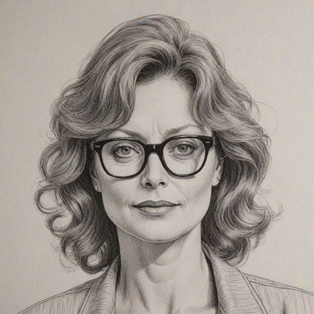 Captivating Susan Sarandon, pencil sketch, portrait of Fascinating woman 1951s in glasses, hair style beatnik, outline, clear lines, fine lines, 8k
