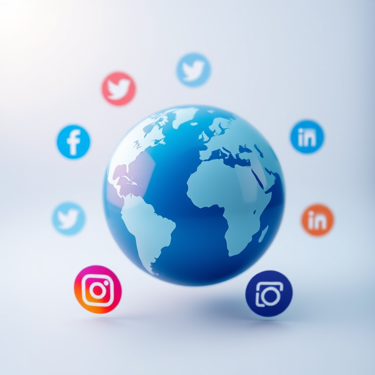 Create an illustration of a blue globe surrounded by circular icons representing social media platforms like Facebook, Twitter, Instagram, and LinkedIn, using a soft gradient background, shot with a DSLR camera at f/8 aperture, ISO 100, 50mm lens, and a slight tilt-shift effect for depth.