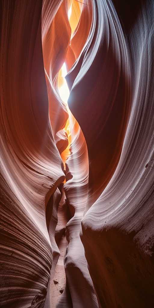 photograph a narrow canyon with smooth, flowing rock formations and sunlight streaming through the opening, using a wide-angle lens, aperture f/8, ISO 100, and a shutter speed of 1/125 sec, captured from a low angle looking up to enhance depth and textures in the rock walls, style: high dynamic range photography, type: digital SLR camera