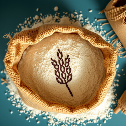 Create a high-resolution illustration of a burlap sack filled with flour, featuring a stylized grain motif on the bag, shot with a DSLR camera at ISO 100, f/2.8 aperture, 50mm lens, natural lighting, top-down view.
