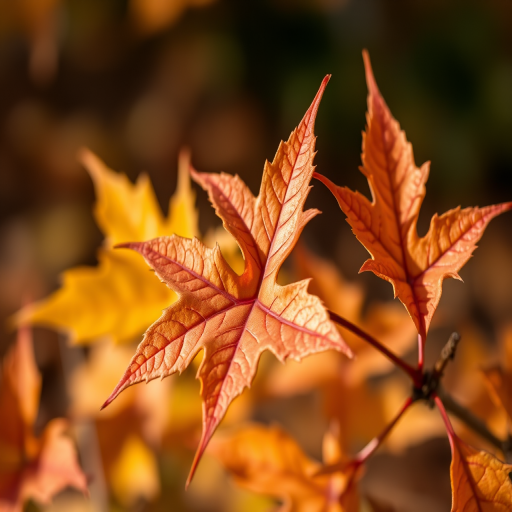 Capture a close-up of autumn leaves with a shallow depth of field, using a 50mm lens at f/2.8, ISO 200, and a shutter speed of 1/200s, in natural soft light to enhance colors and textures.