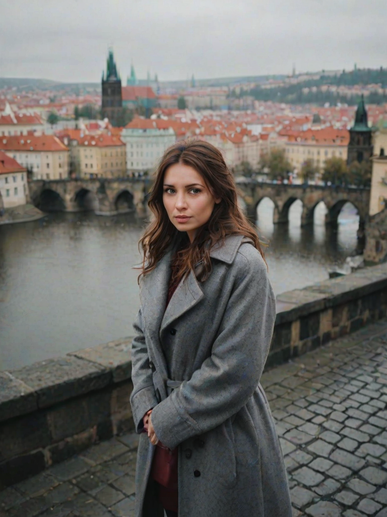 cinematic pphoto from above, waist up shot, sharp focus, a beautiful woman in foreground, in Prague, at the Charles Bridge, river in background, overcast rainy day, wearing long grey wool coat, warm rich color palette