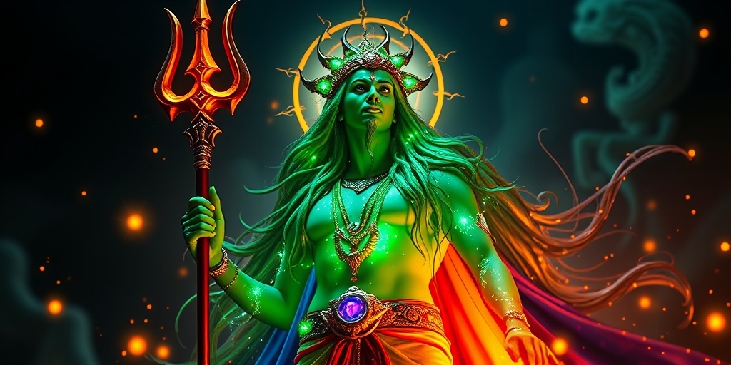 Create a vibrant image of a divine figure with green skin, long flowing hair, holding a trident, surrounded by glowing digital elements in a mystical atmosphere, shot with a Canon EOS R5, aperture f/2.8, shutter speed 1/100s, ISO 200, in a low-angle view to emphasize stature, with a soft focus background to enhance the subject's details.