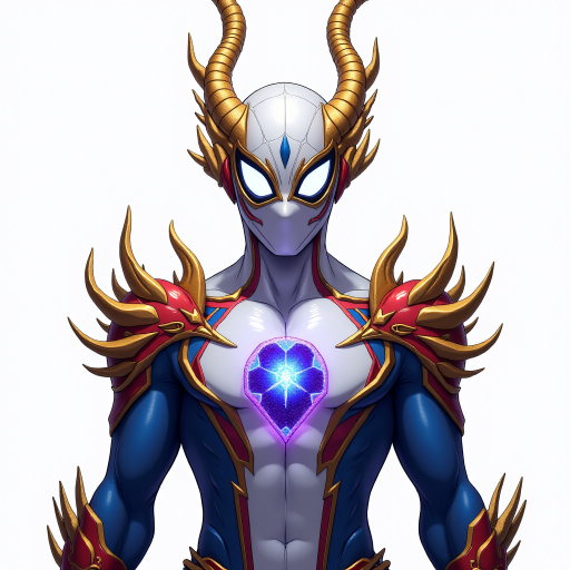 A high-budget, anime-style wallpaper featuring Spiderman in an epic White, blue red Kirin armor. Golden dragon gloves, the gloves is in the shape of dragon heads, Golden dragon head gloves, White glossy eyes, The armor is designed with metallic details that reflect light, showcasing intricate Kirin motifs. Spiderman's armor is a striking gradient of blue, red and white, with Colorful galaxy inner sections, making it look both powerful and sleek. The background is flat white, with Kirin-shaped blue-violet glowing rune relic to give the impression power, striking pose, the Kirin's armor is dominantly in white, with some details in blue and red, Cinematic anime action scene, cinematic action pose, medium shot action portrait, dramatic effect of shadow and light.
