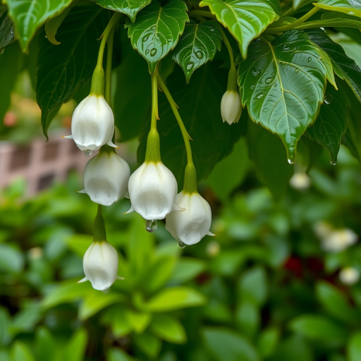 Capture a close-up of white flowers hanging from green leaves in a lush garden setting, with raindrops on the foliage, using a Canon EOS R5 with a 50mm lens, f/1.8 aperture, ISO 200, shutter speed 1/200s, in soft natural light for enhanced clarity and detail.