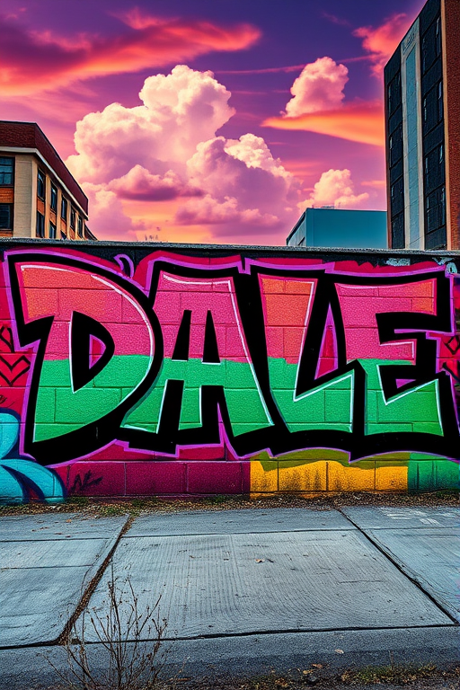 Create a colorful digital graffiti art piece featuring the word "DALE" in bold, angular letters with a spray paint can character, set against a vibrant urban background with clouds; use a Canon EOS 5D Mark IV, 50mm lens, aperture f/1.8, ISO 200, in landscape orientation for high detail and contrast.