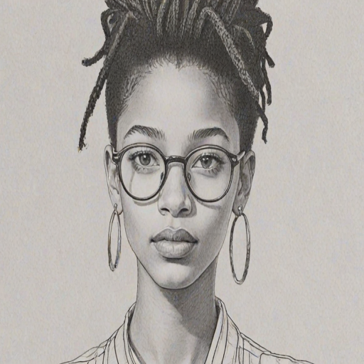 Dazzling Willow Smith, pencil sketch, portrait of Comely woman 1980s in glasses, hair style beatnik, outline, clear lines, fine lines, 8k