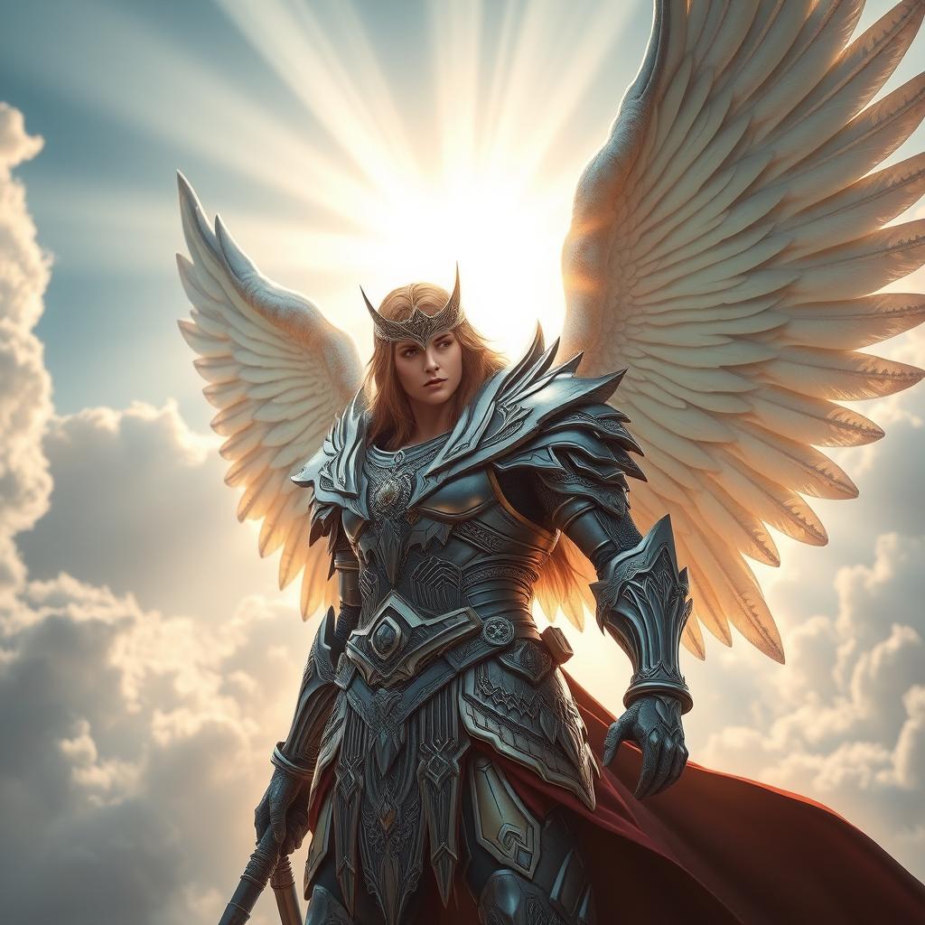 Create a highly detailed image of a majestic angelic warrior with intricate armor and large wings, illuminated by ethereal light beams breaking through clouds, with a shallow depth of field, 50mm lens, f/1.8 aperture, ISO 200, and softbox lighting for enhanced quality.