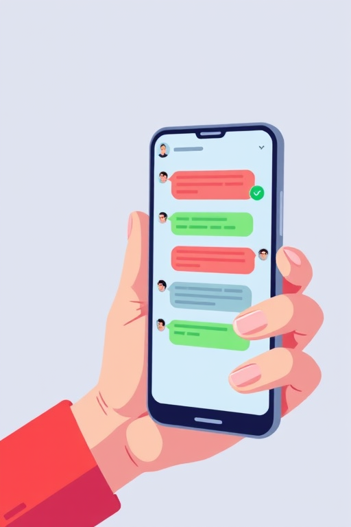 Create a vibrant, flat design illustration of a hand holding a smartphone displaying chat messages, featuring a clean background with subtle gradients, in a digital art style, using a Canon EOS R5 with a 50mm lens, aperture set to f/1.8, shutter speed 1/125s, ISO 200, and a focus on sharp details and bright colors.