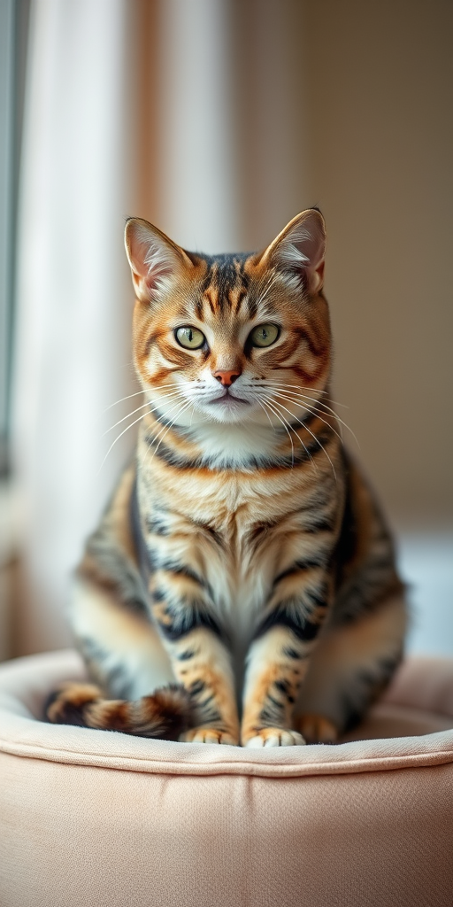 Regenerate an image of a cat sitting calmly on a soft, circular surface with a blurred background, using a DSLR camera with a 50mm lens, aperture f/1.8, ISO 200, natural lighting, and a shallow depth of field for enhanced focus on the cat.