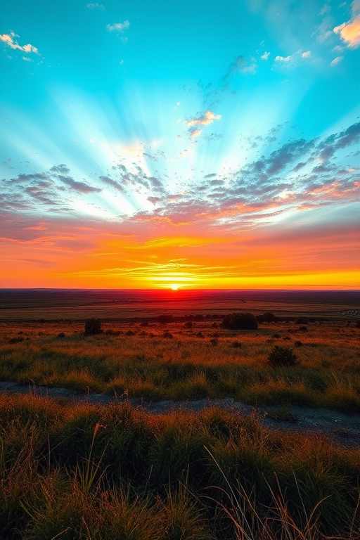 Generate a high-resolution image of a serene landscape at sunset with vibrant colors, using a DSLR camera, 50mm lens, f/1.8 aperture, ISO 100, with a wide-angle view to capture the expansive sky and foreground details.