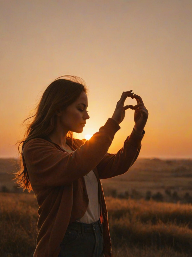 sunset, silhouette, woman, heart shape, hand gesture, warm colors, outdoor, dusk, sky, creative pose, backlit, soft focus, landscape, golden hour, tranquility, leisure activity, nature, serene, orange tones, casual attire