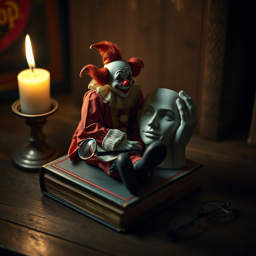 Generate an image of a clown sitting on an old book next to a sculpture of hands holding a face, with a pair of glasses nearby, dimly lit by a candle, using a DSLR camera with a 50mm lens, f/2.8 aperture, ISO 100, soft focus, and slightly overhead angle for depth.
